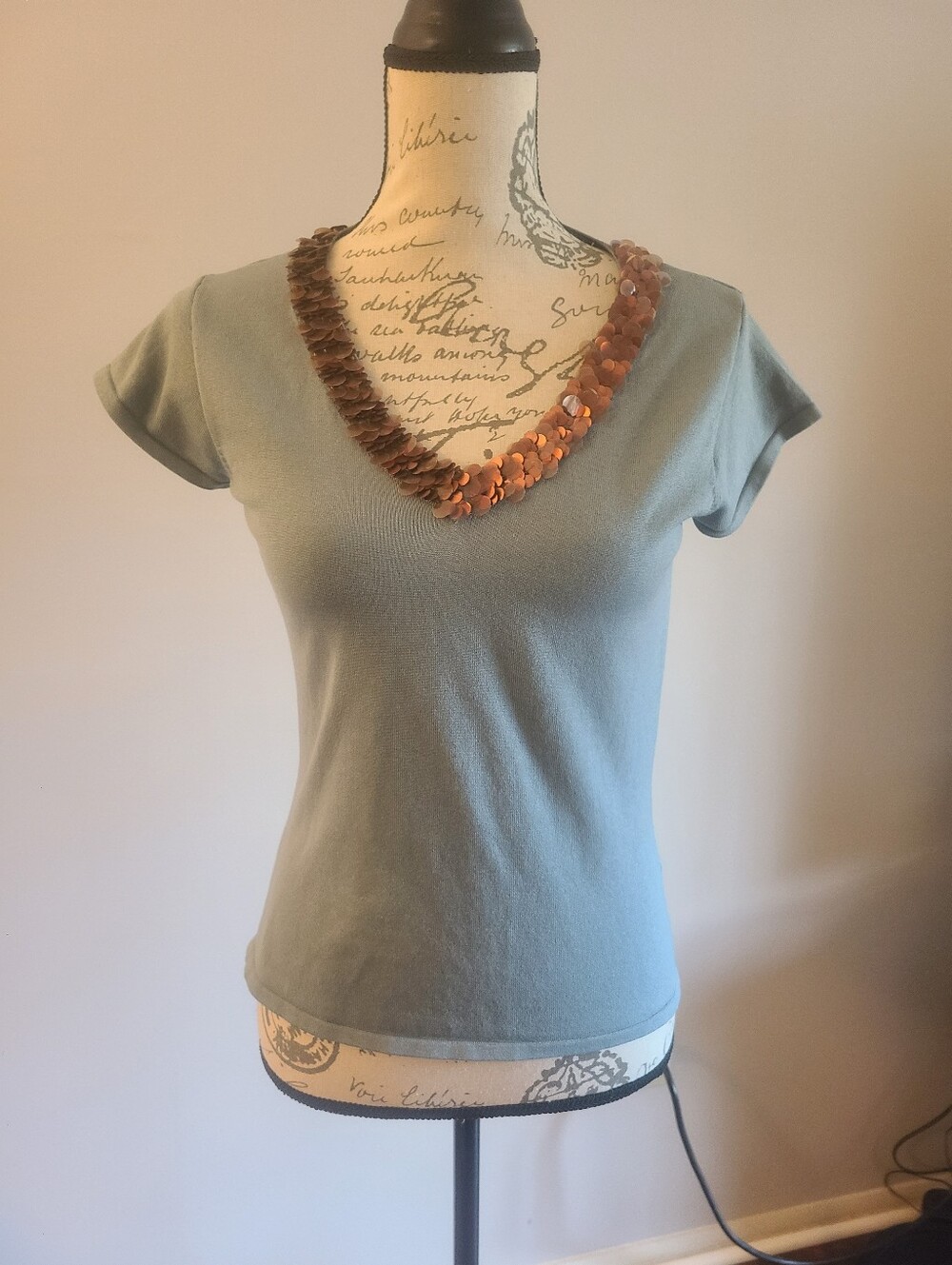 Vintage August Silk sage knit top with Embellished Sequin Neckline  sz S